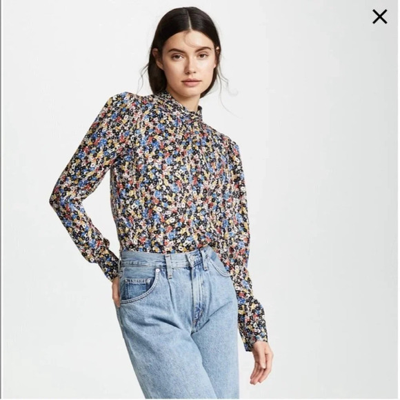 Veronica Beard Mena Gathered Floral Puff Sleeve Top Silk 0 Mock Neck - Picture 6 of 13